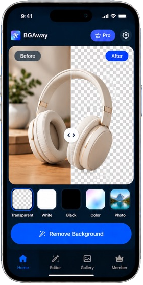 BGAway headphone before-and-after comparison, cropped from the official App Store image.