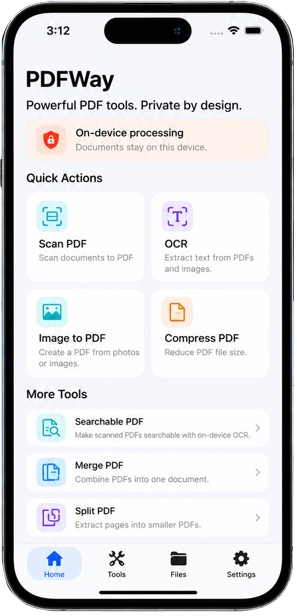 PDFWay home screen, cropped from the official App Store image.