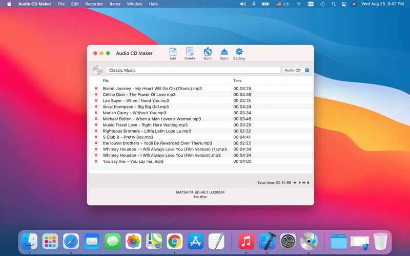 Official Audio CD Maker screenshot: track list and Audio CD selection.