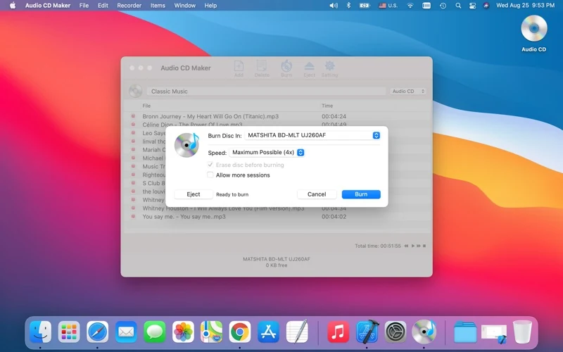 Official Audio CD Maker screenshot: device and burn-options dialog.