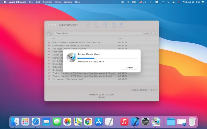 Official Audio CD Maker screenshot: example burn-progress window.