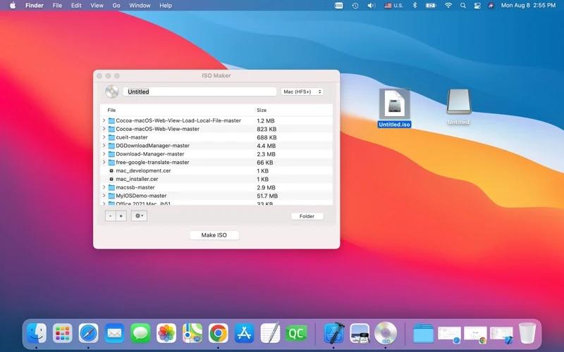 Official ISO Maker screenshot: an ISO image and its mounted volume on the Mac desktop.