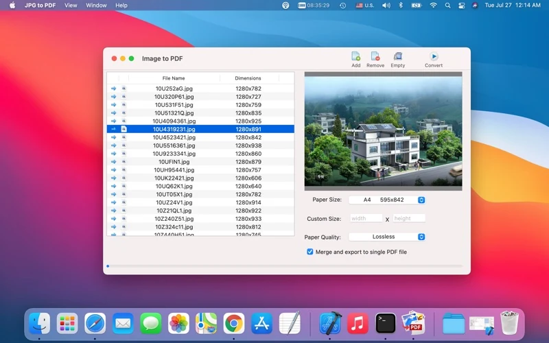 Official JPG to PDF screenshot: image list, preview and paper/merge settings.