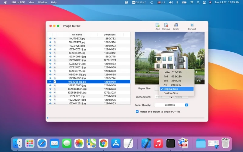Official JPG to PDF screenshot: paper-size options including Original Size and Custom Size.