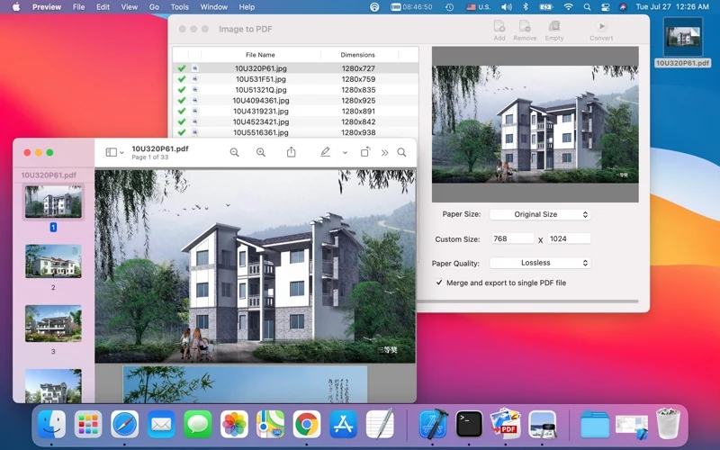 Official JPG to PDF screenshot: example PDF in Preview beside the converter.