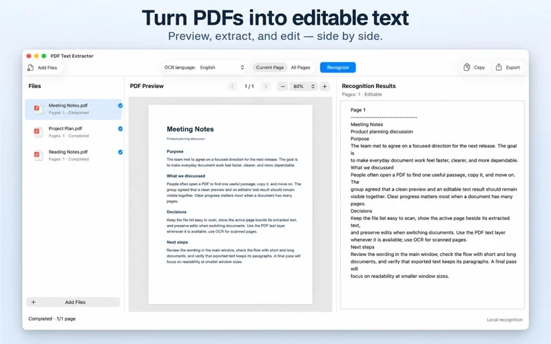 官方 Mac App Store 截图:文件列表、PDF预览与可编辑文字三栏工作区。
