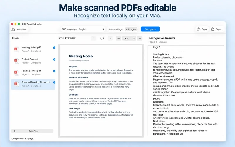 官方 Mac App Store 截图:对扫描PDF使用本机OCR。