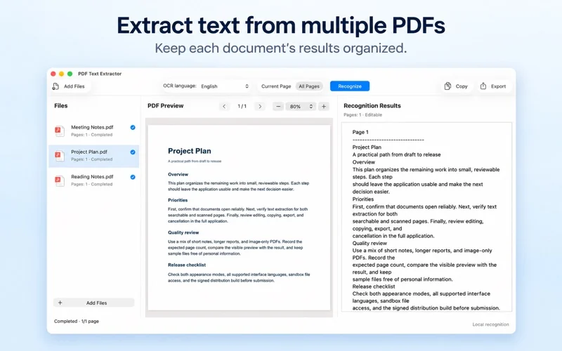 官方 Mac App Store 截图:多份PDF分别保留文字结果。