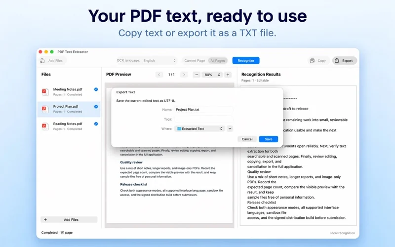 官方 Mac App Store 截图:导出UTF-8 TXT文字文件。
