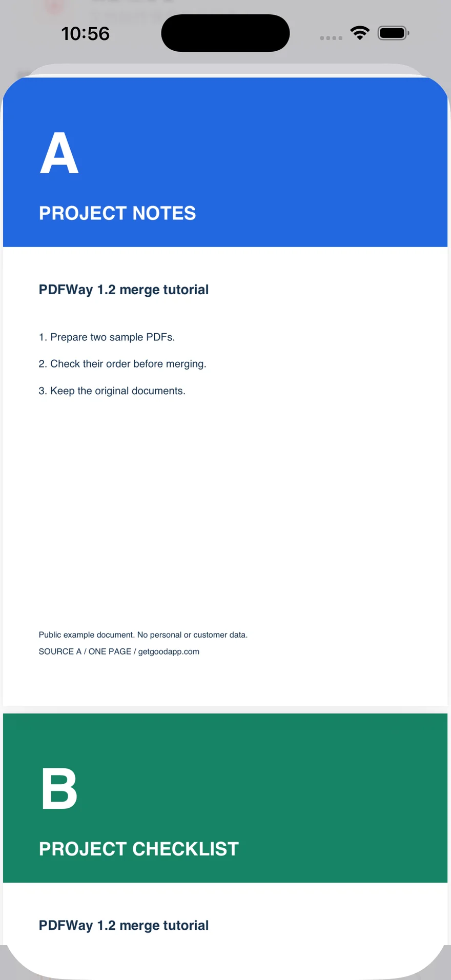 PDFWay 实际输出预览，蓝色 A 项目笔记后接绿色 B 项目清单。