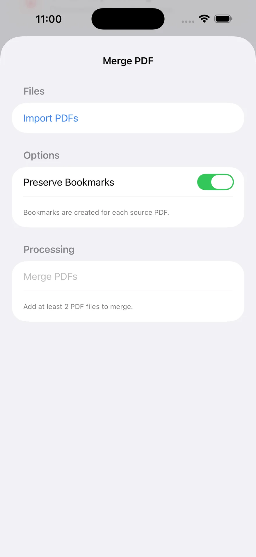 PDFWay 1.2 Merge PDF screen with Import PDFs; Merge PDFs is disabled before two files are added.