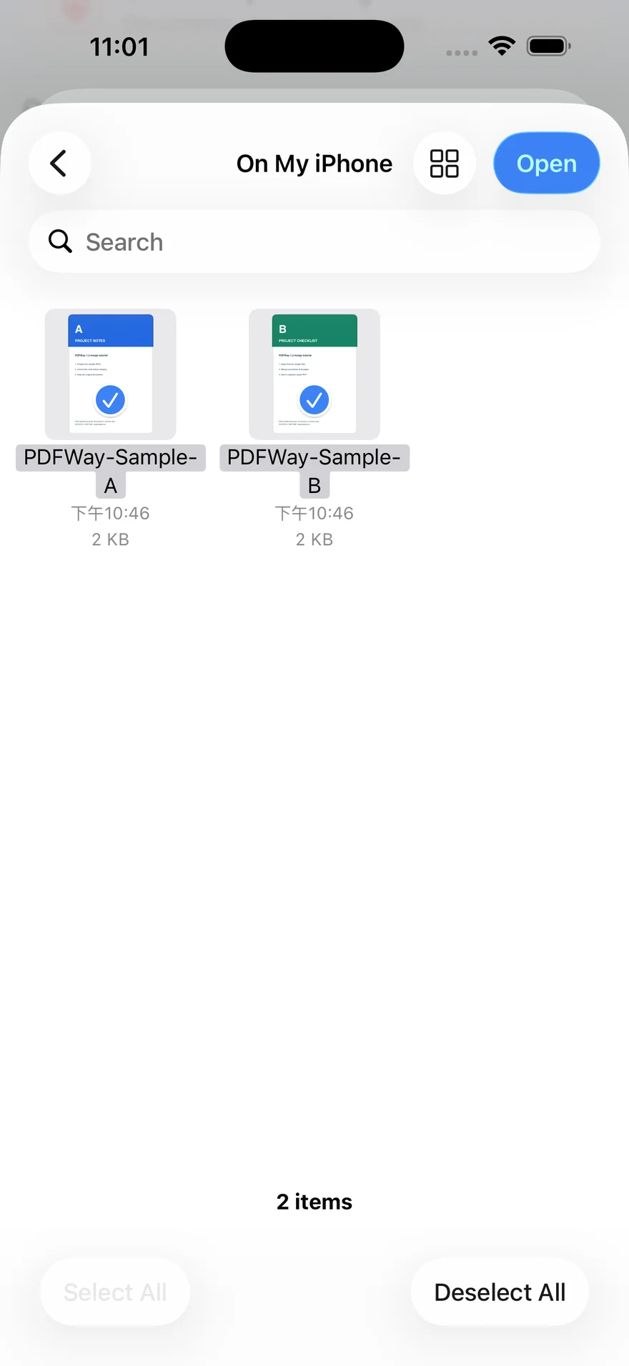File picker with PDFWay Sample A and Sample B selected and the Open button.