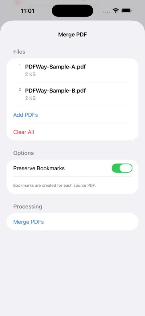 PDFWay 1.2 English merge queue numbered 1 for sample A and 2 for sample B.
