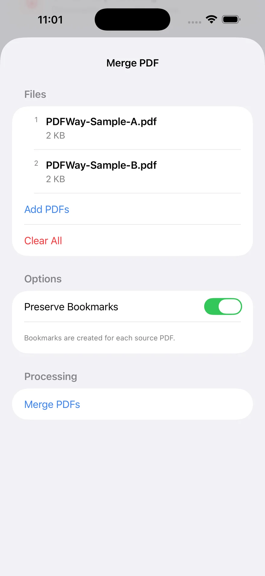 PDFWay 1.2 English merge queue numbered 1 for sample A and 2 for sample B.