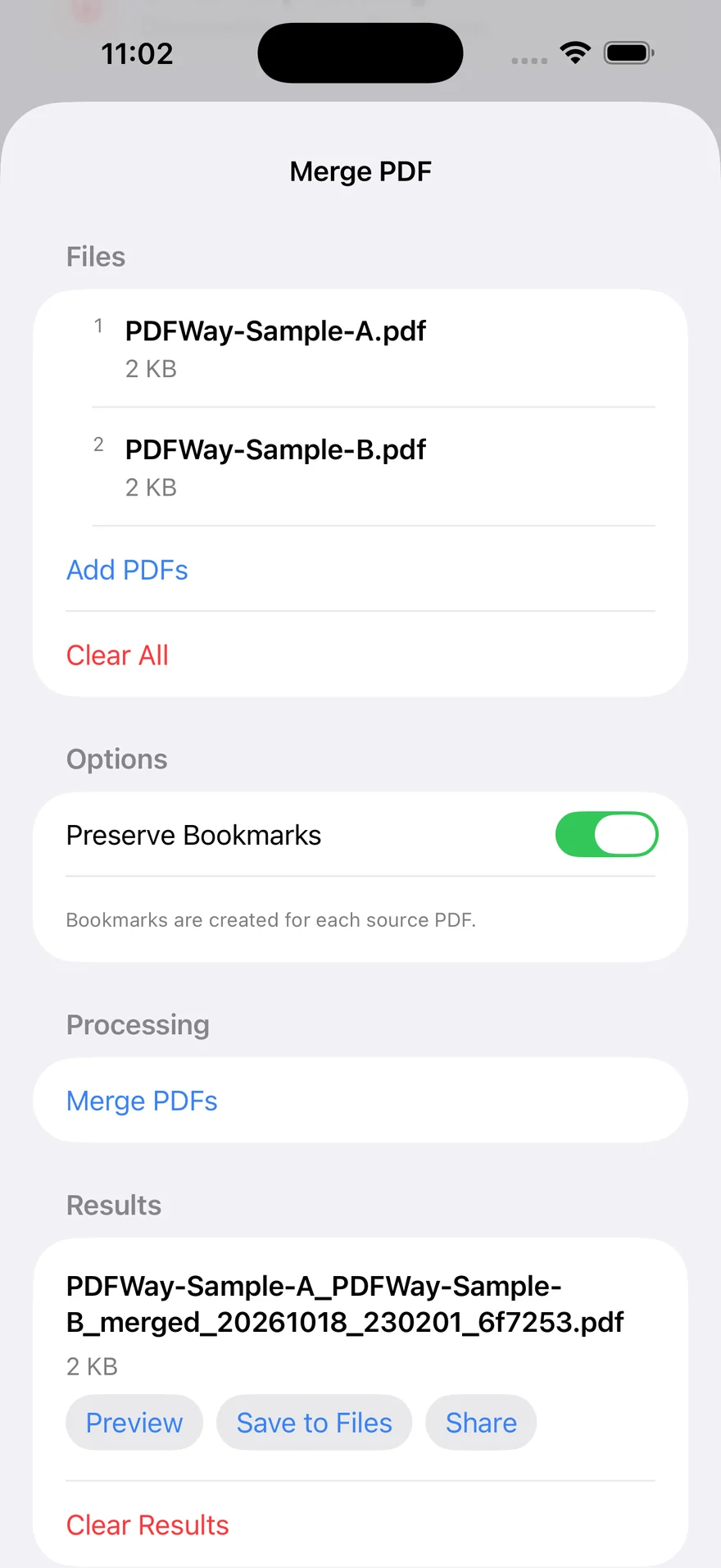 PDFWay 1.2 English Results section showing the merged PDF and Save to Files button.