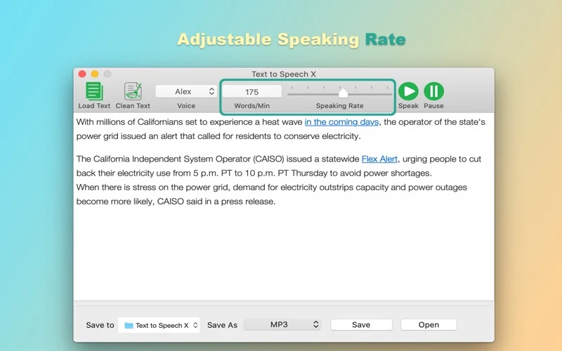 Text to Speech X 官方截图:Speaking Rate 与 Words/Min 语速控件。